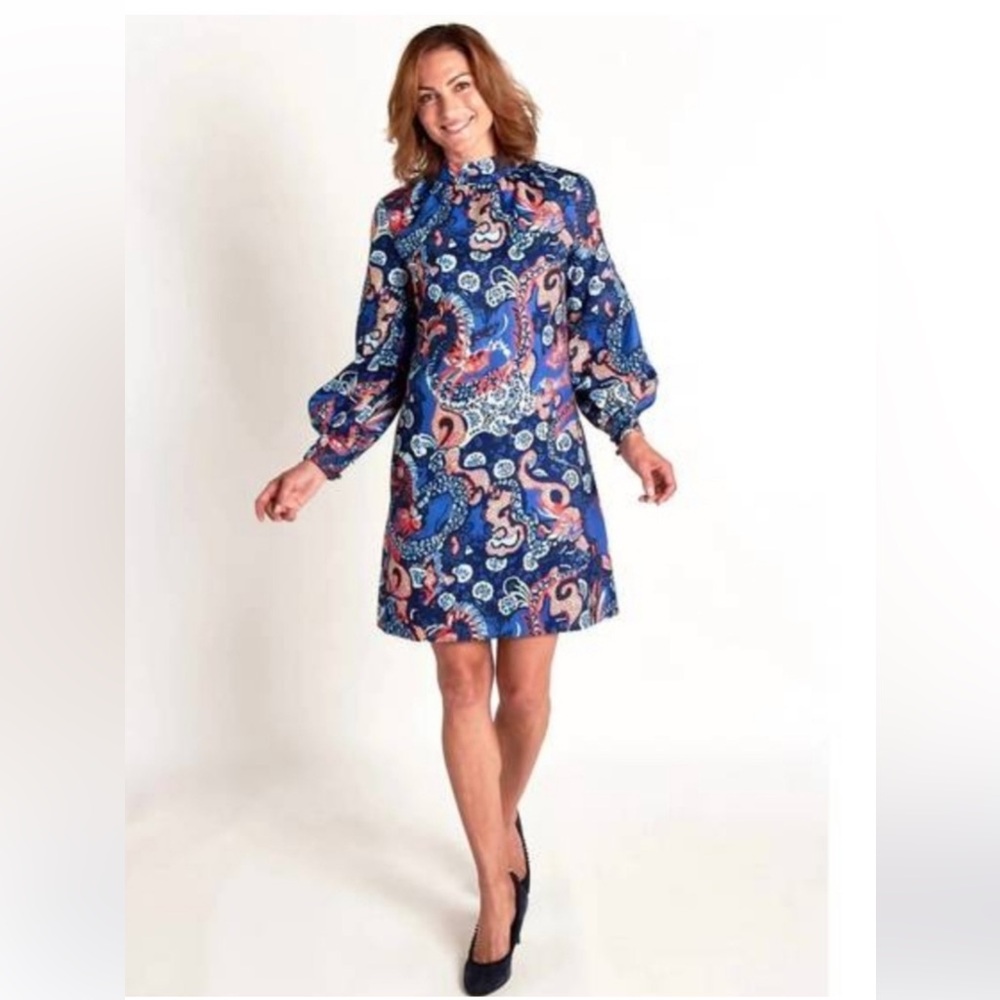 NWT - CK BRADLEY Elegant Blue and Red Dragon Print Dress